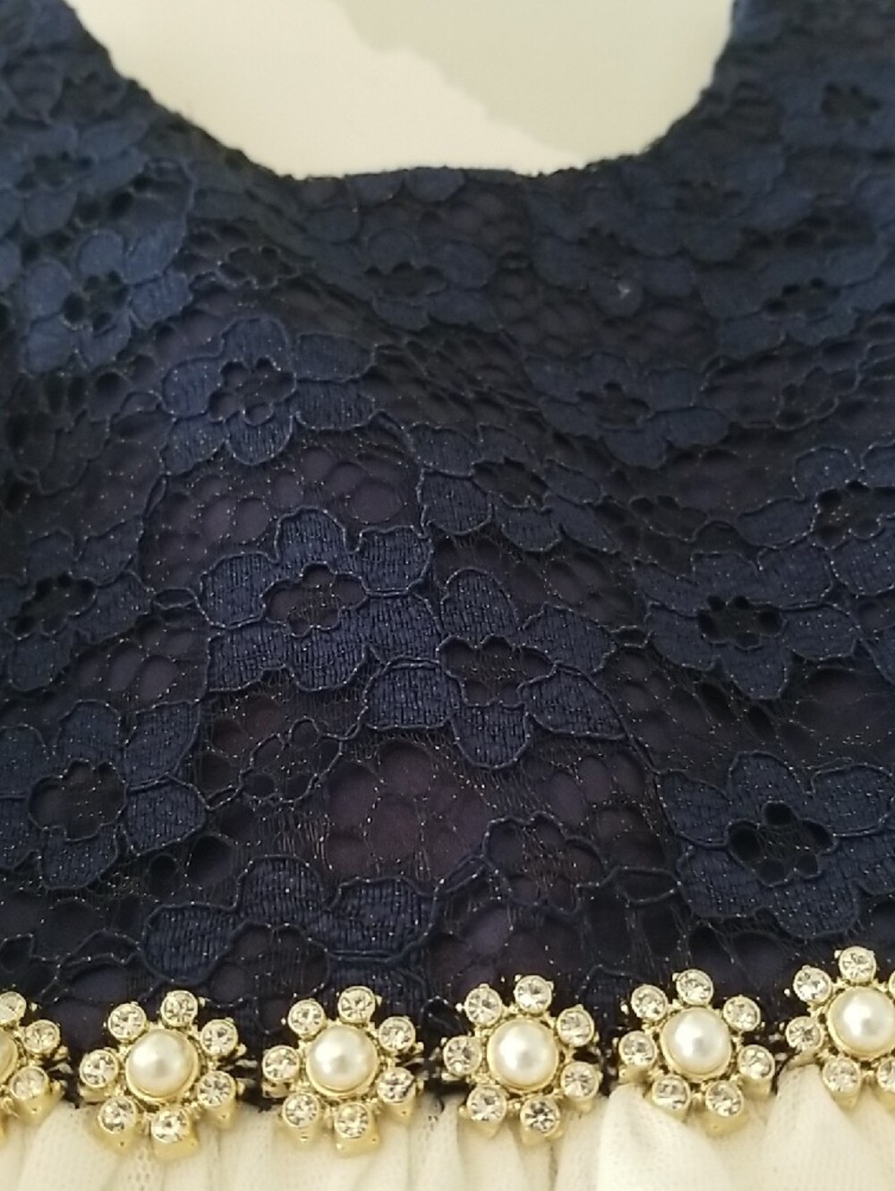 American Princess Navy and White Lace Pearl Trim Dress - Picture 4 of 8